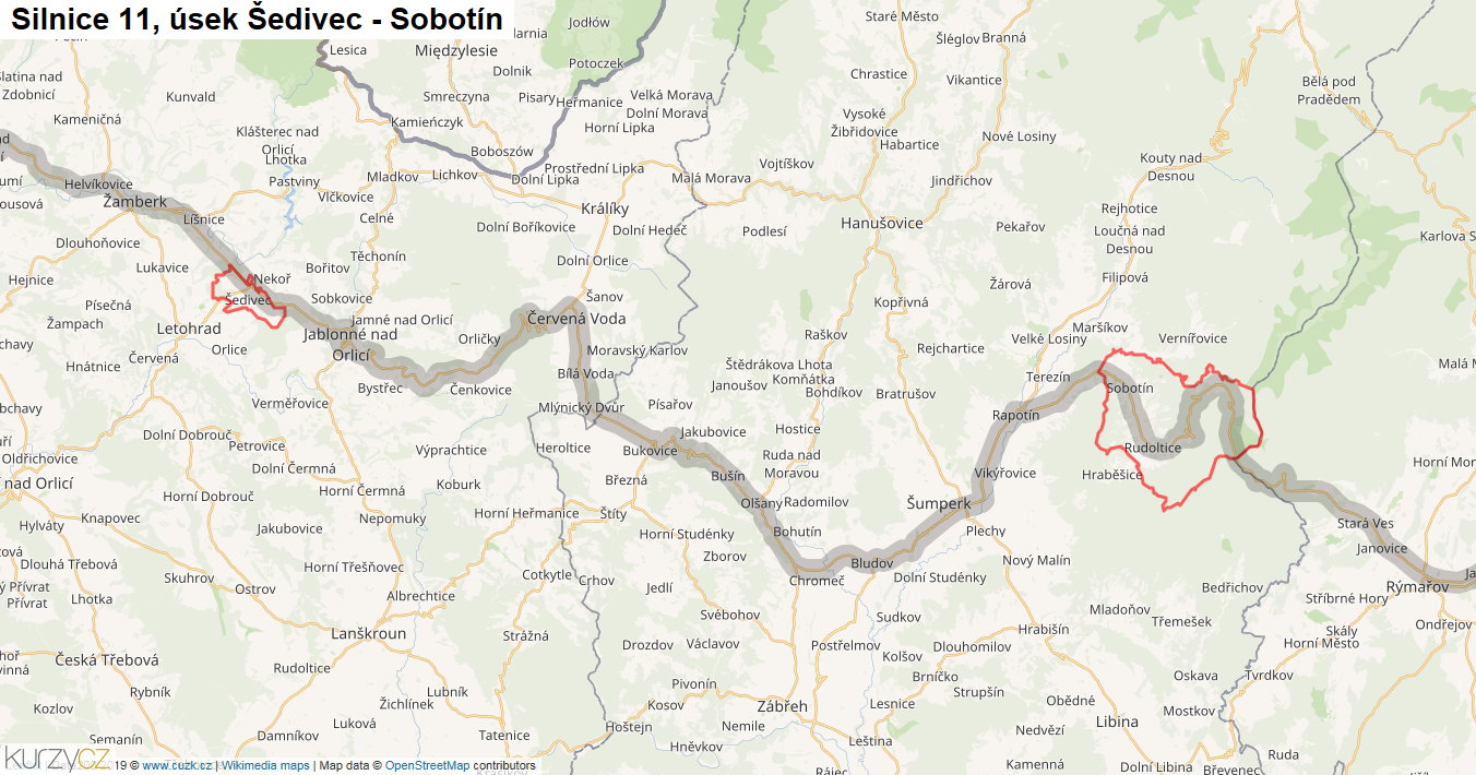 Úsek Šedivec - Sobotín, Silnice 11 - Mapa