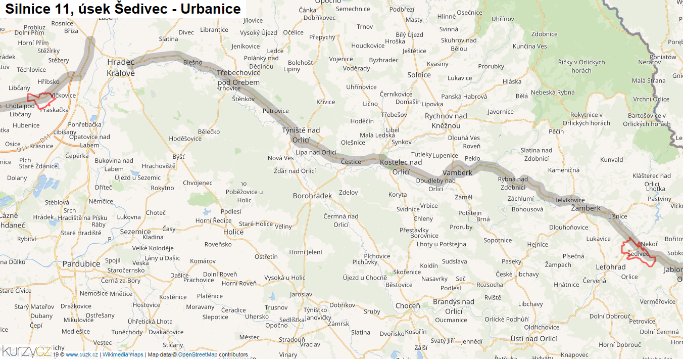 Úsek Šedivec - Urbanice, Silnice 11 - Mapa