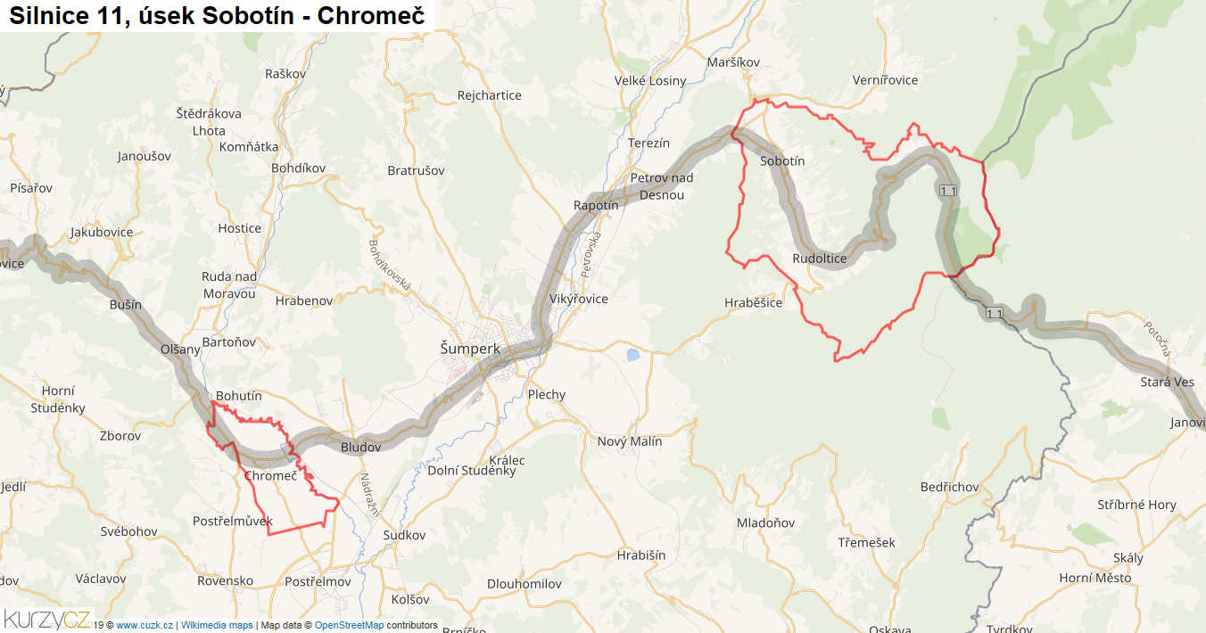 Úsek Sobotín - Chromeč, Silnice 11 - Mapa