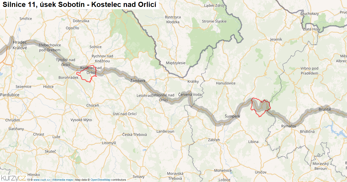Úsek Sobotín - Kostelec nad Orlicí, Silnice 11 - Mapa