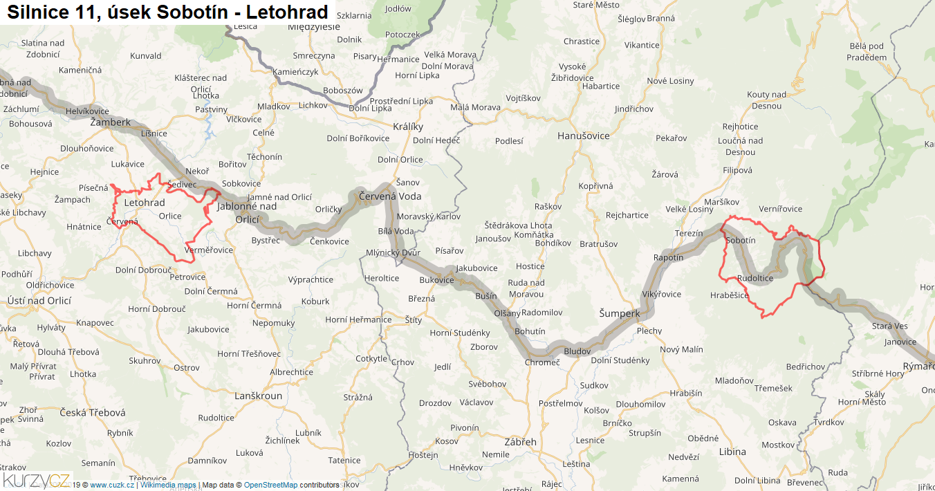 Úsek Sobotín - Letohrad, Silnice 11 - Mapa