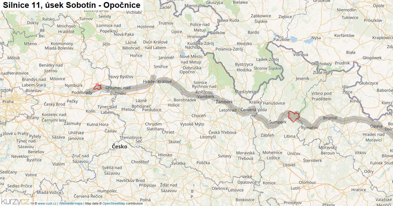 Úsek Sobotín - Opočnice, Silnice 11 - Mapa