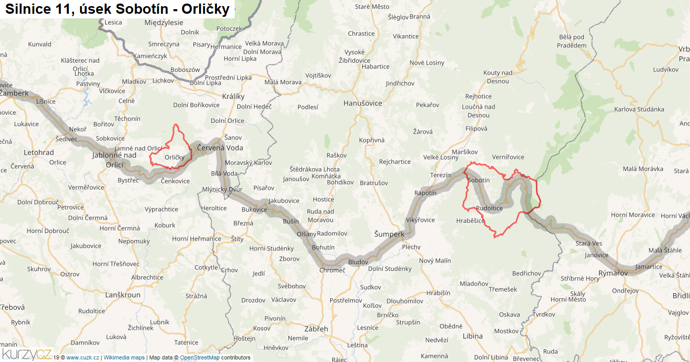 Úsek Sobotín - Orličky, Silnice 11 - Mapa