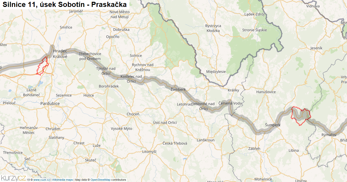 Úsek Sobotín - Praskačka, Silnice 11 - Mapa