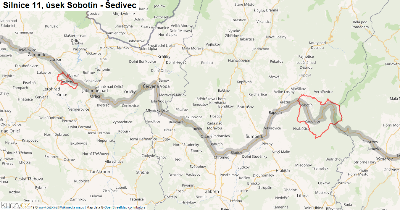 Úsek Sobotín - Šedivec, Silnice 11 - Mapa