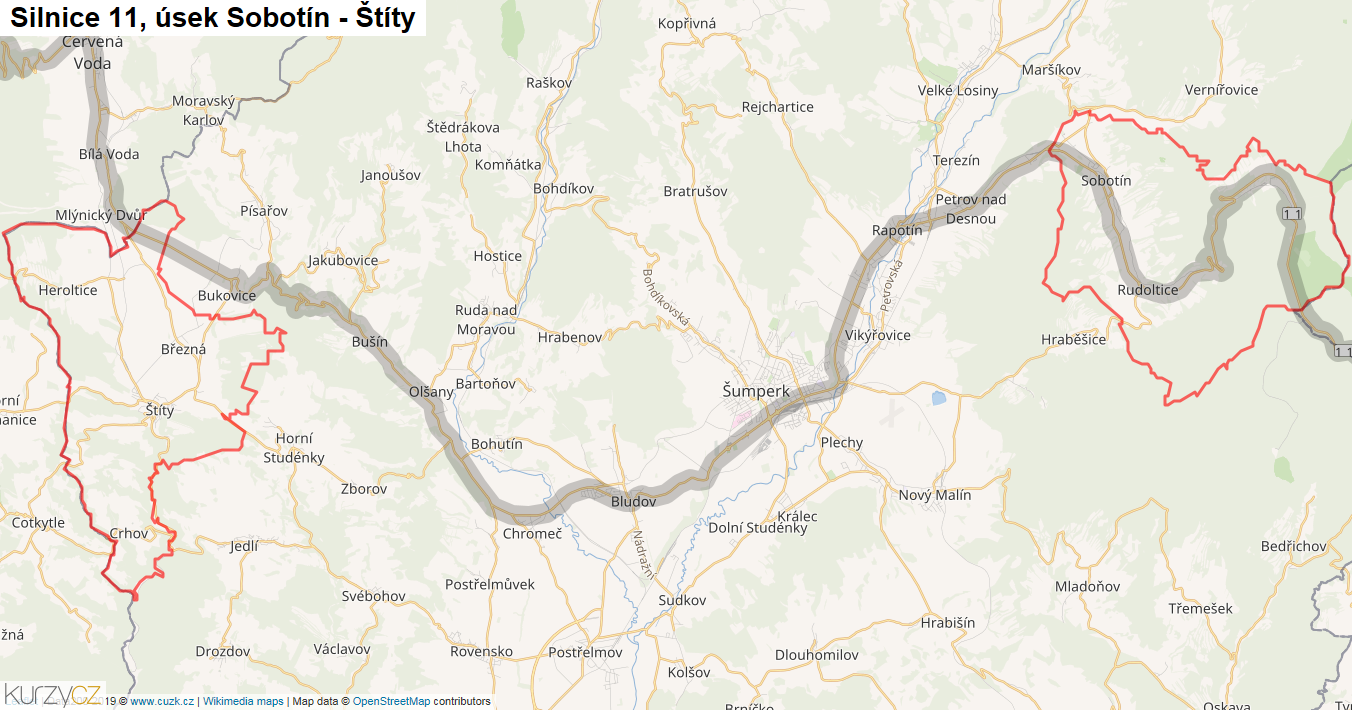 Úsek Sobotín - Štíty, Silnice 11 - Mapa