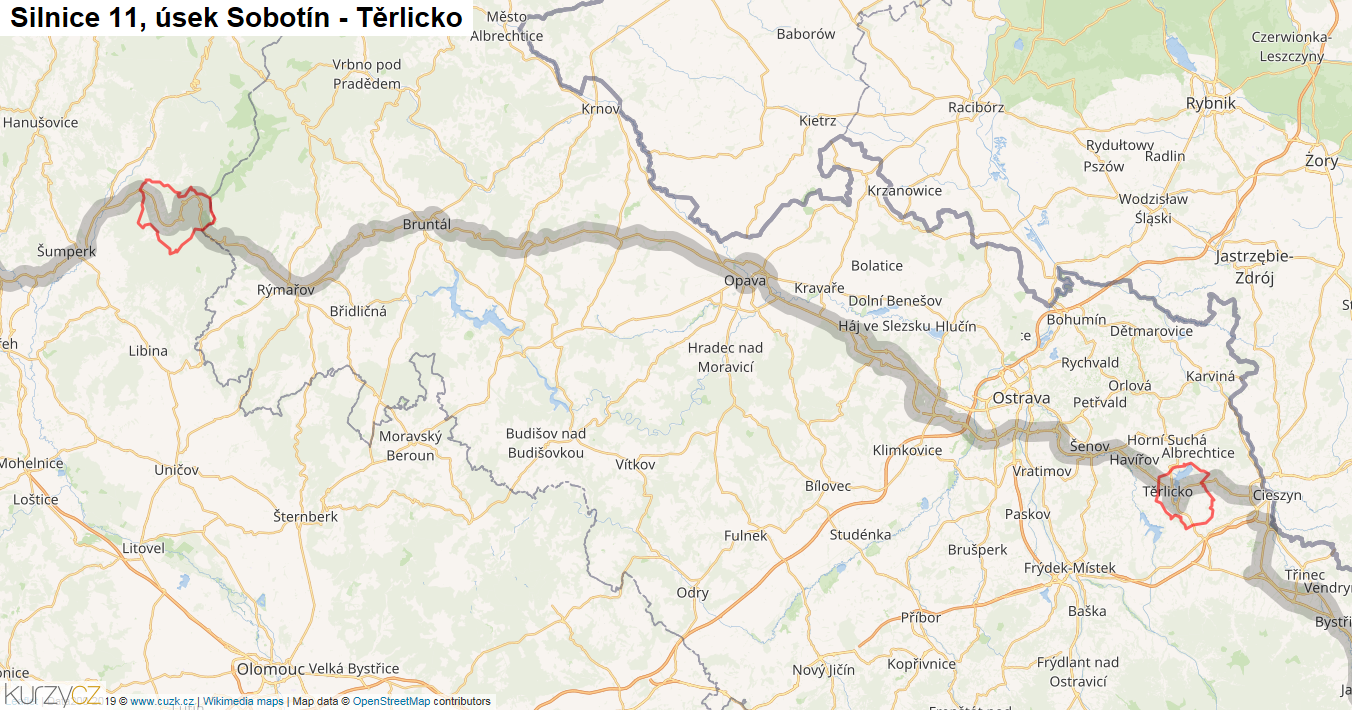 Úsek Sobotín - Těrlicko, Silnice 11 - Mapa