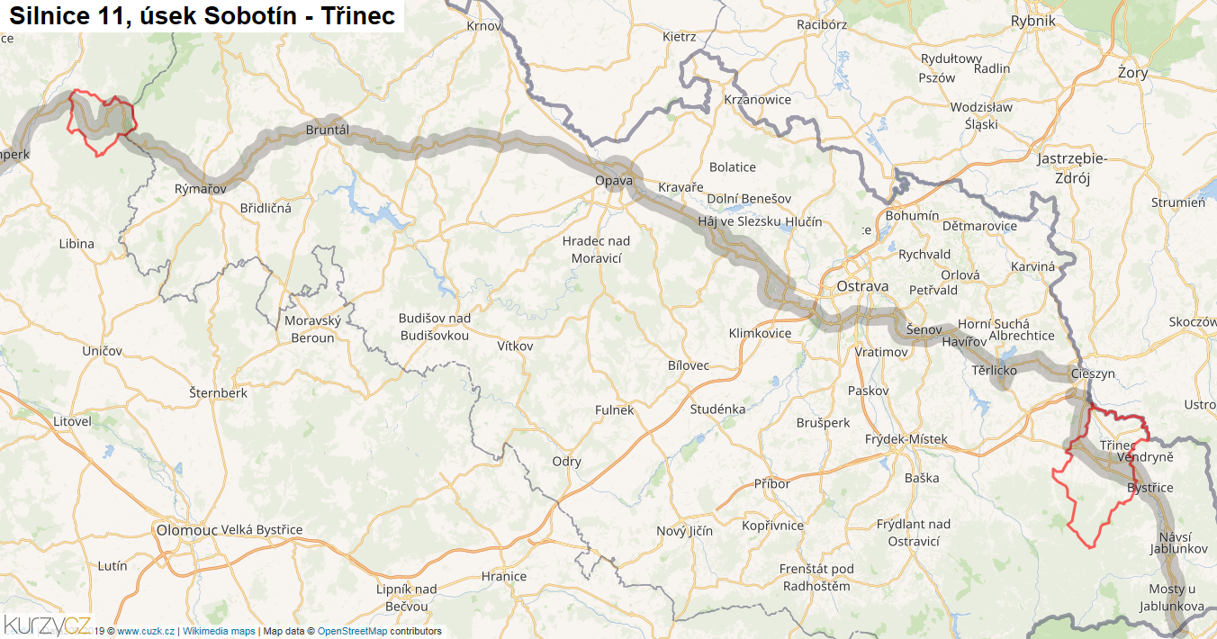 Úsek Sobotín - Třinec, Silnice 11 - Mapa
