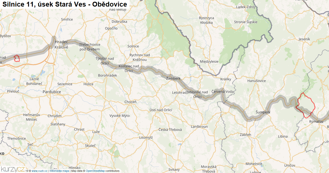Úsek Stará Ves - Obědovice, Silnice 11 - Mapa
