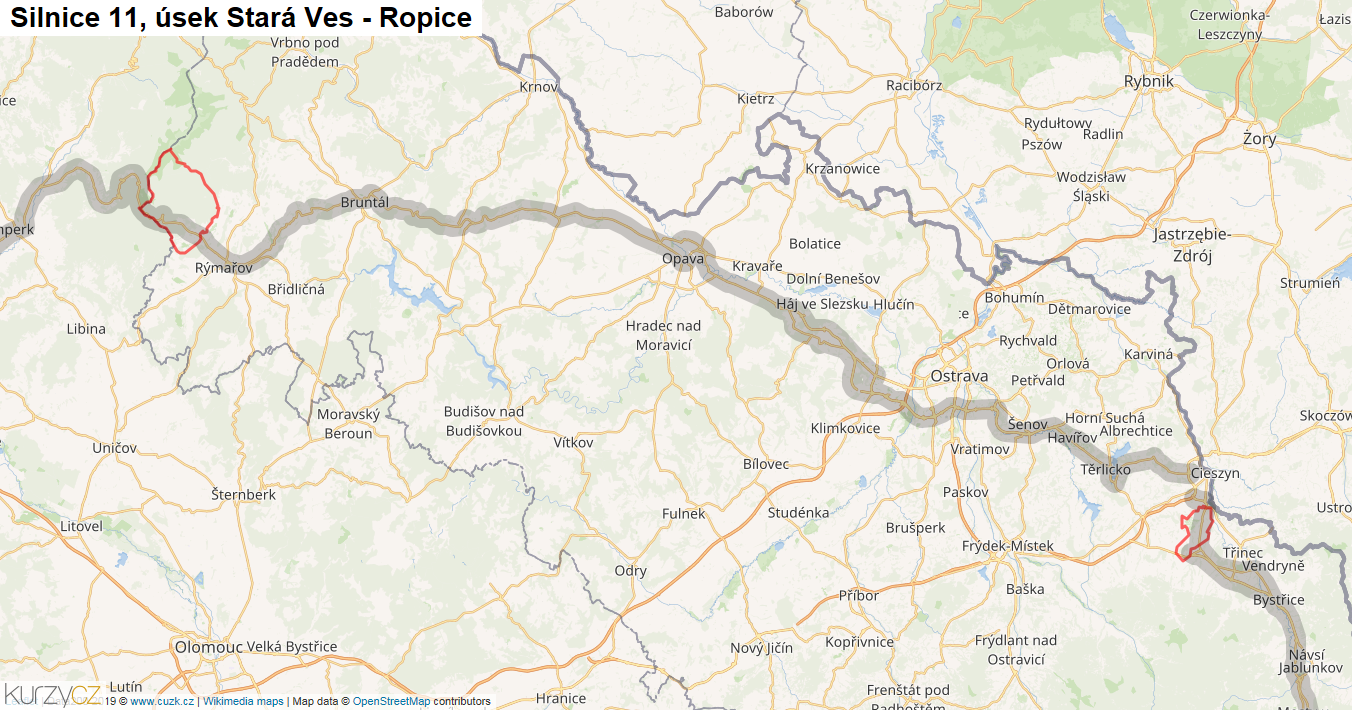 Úsek Stará Ves - Ropice, Silnice 11 - Mapa