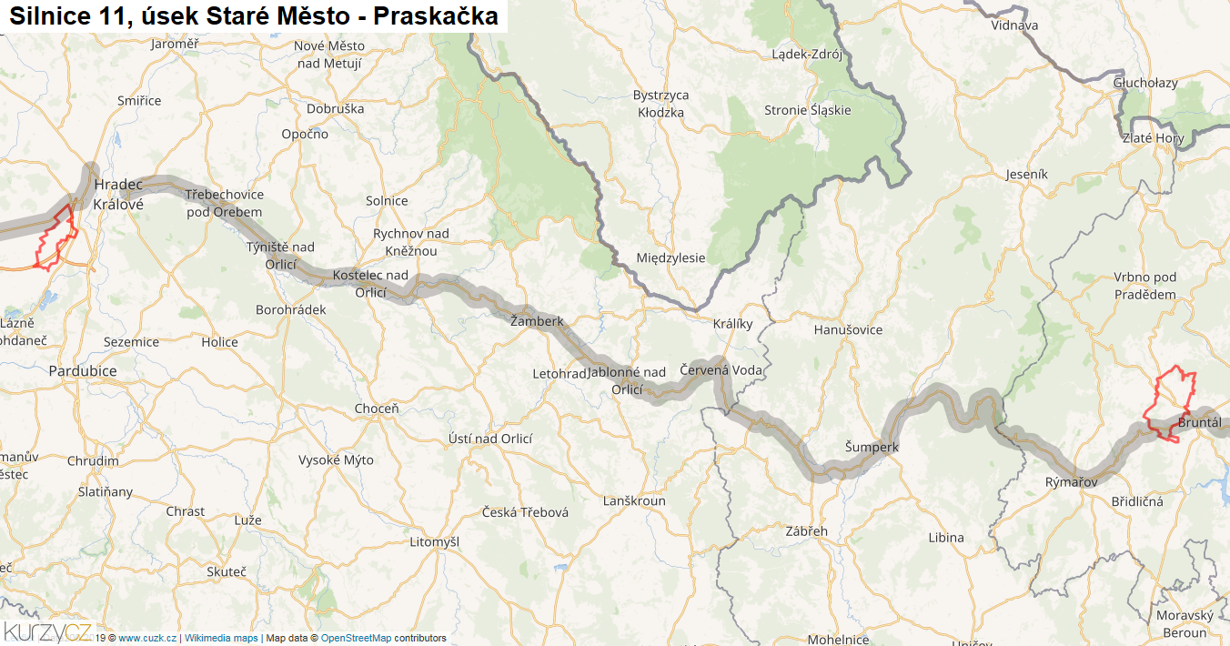 Úsek Staré Město - Praskačka, Silnice 11 - Mapa