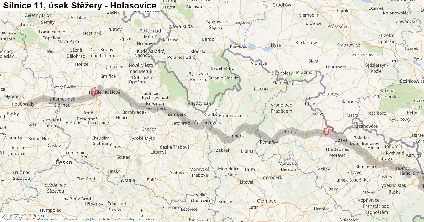 Úsek Stěžery - Holasovice, Silnice 11 - Mapa