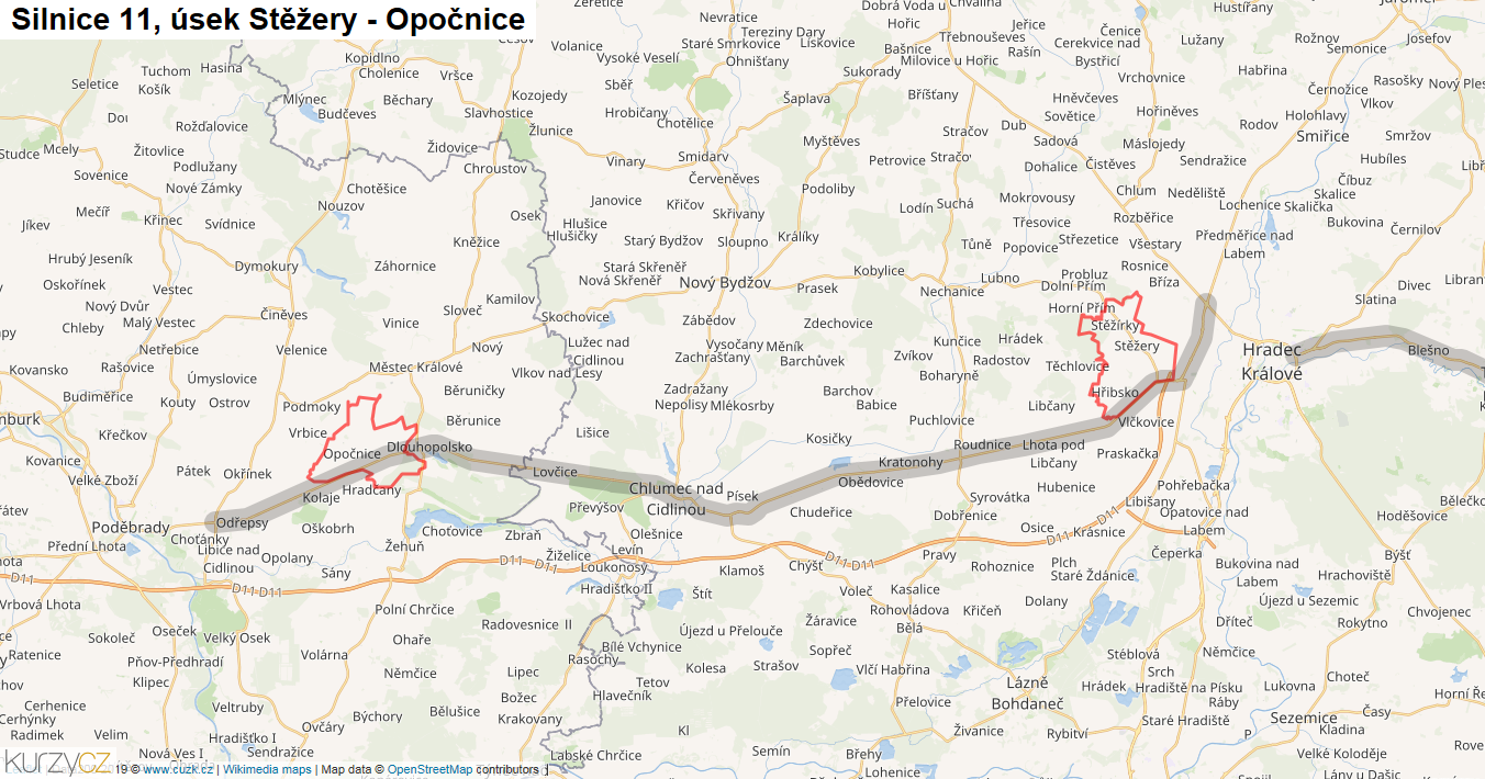 Úsek Stěžery - Opočnice, Silnice 11 - Mapa