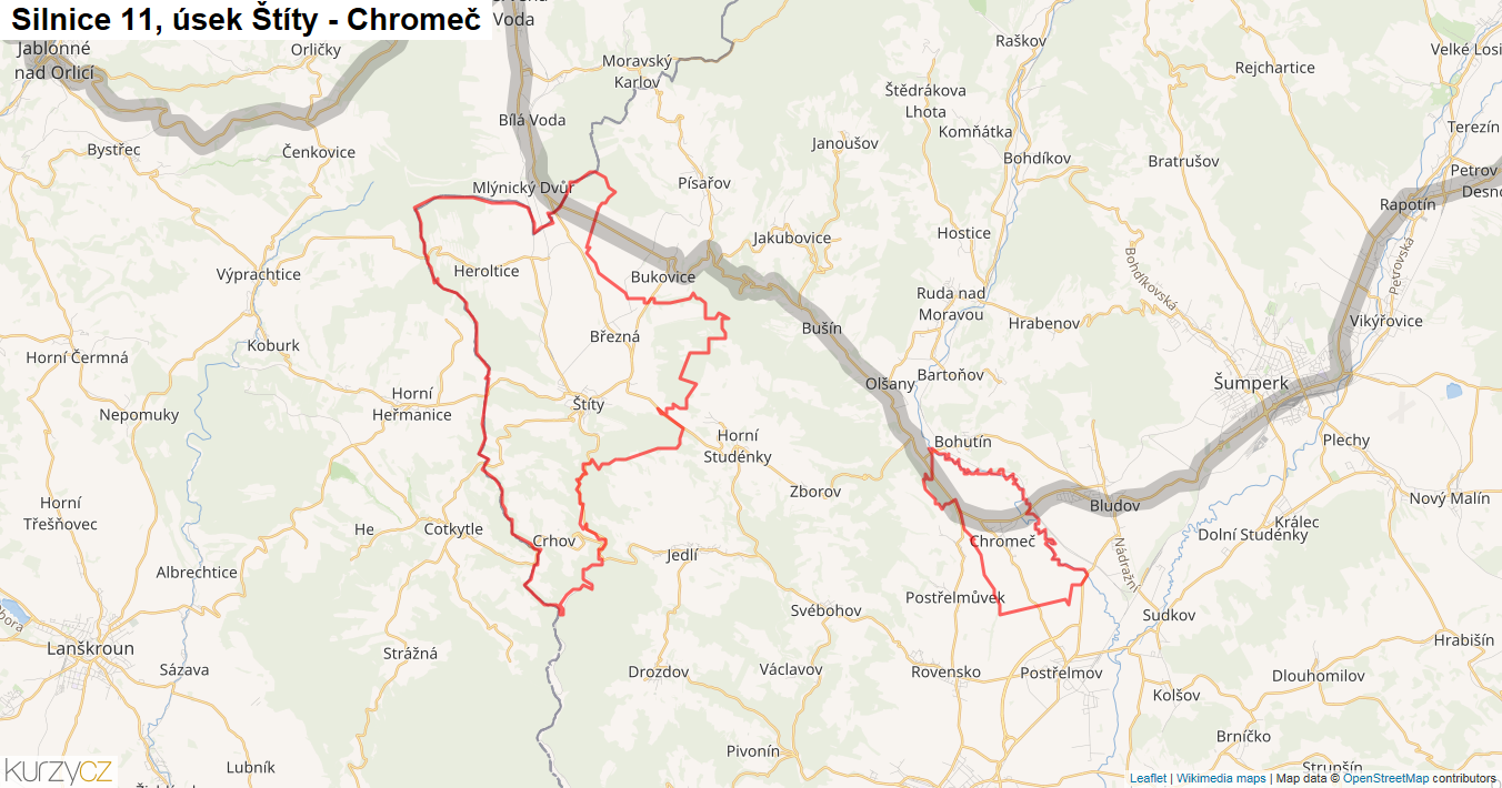 Úsek Štíty - Chromeč, Silnice 11 - Mapa