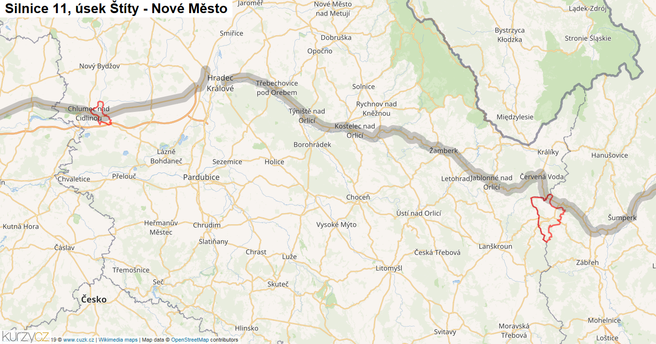 Úsek Štíty - Nové Město, Silnice 11 - Mapa