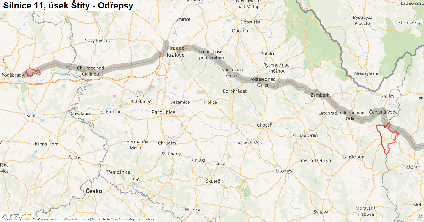 Úsek Štíty - Odřepsy, Silnice 11 - Mapa