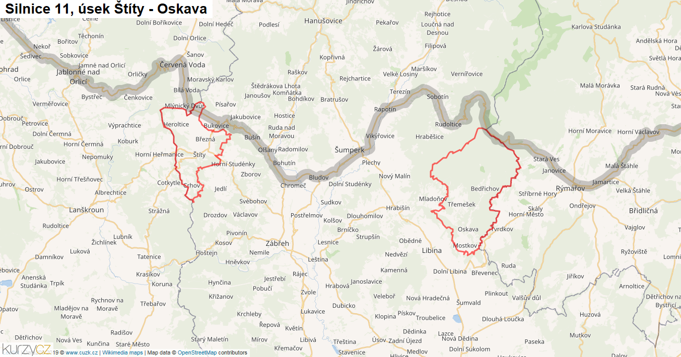 Úsek Štíty - Oskava, Silnice 11 - Mapa