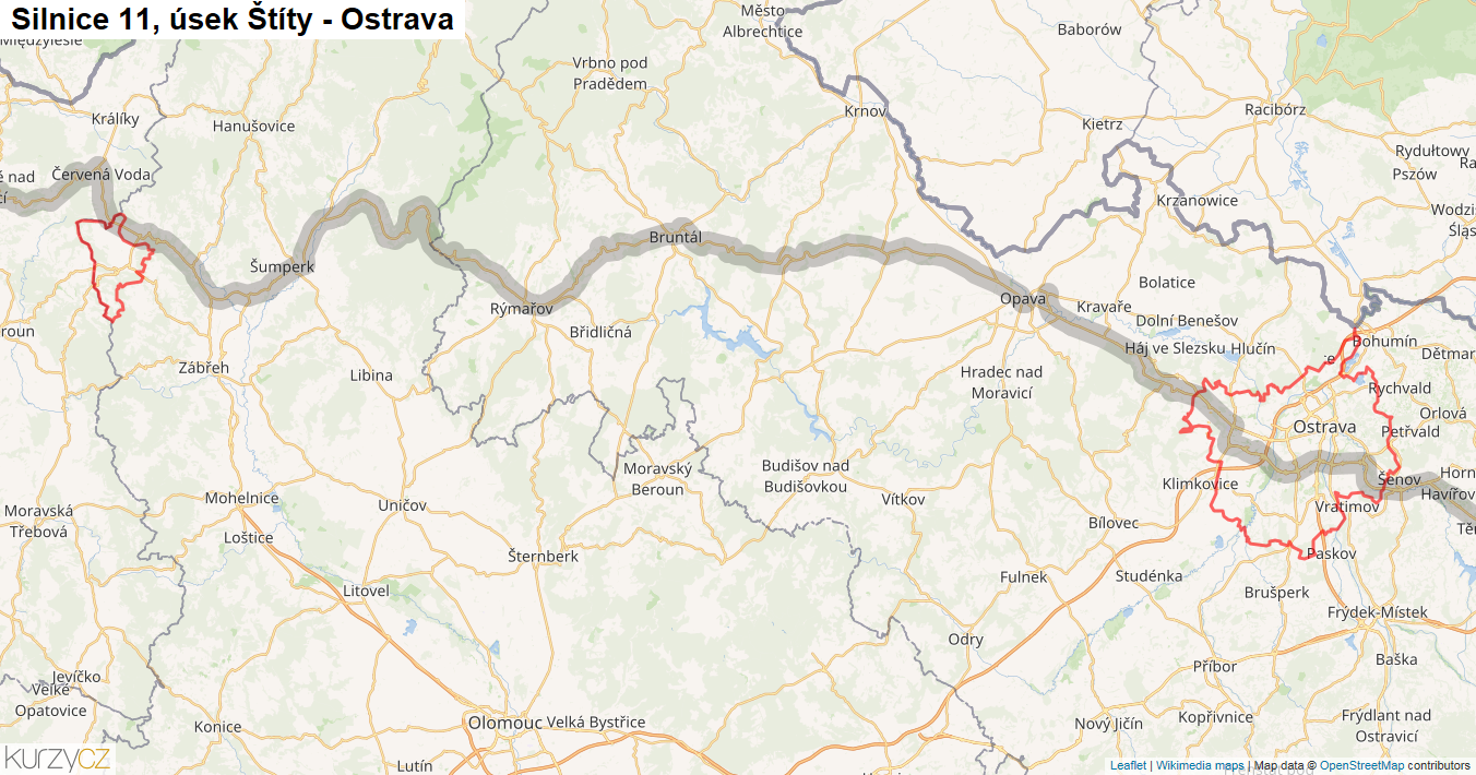 Úsek Štíty - Ostrava, Silnice 11 - Mapa