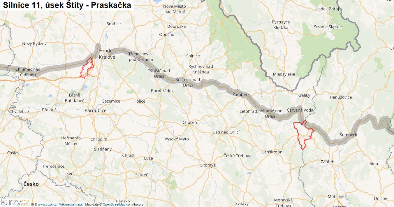 Úsek Štíty - Praskačka, Silnice 11 - Mapa