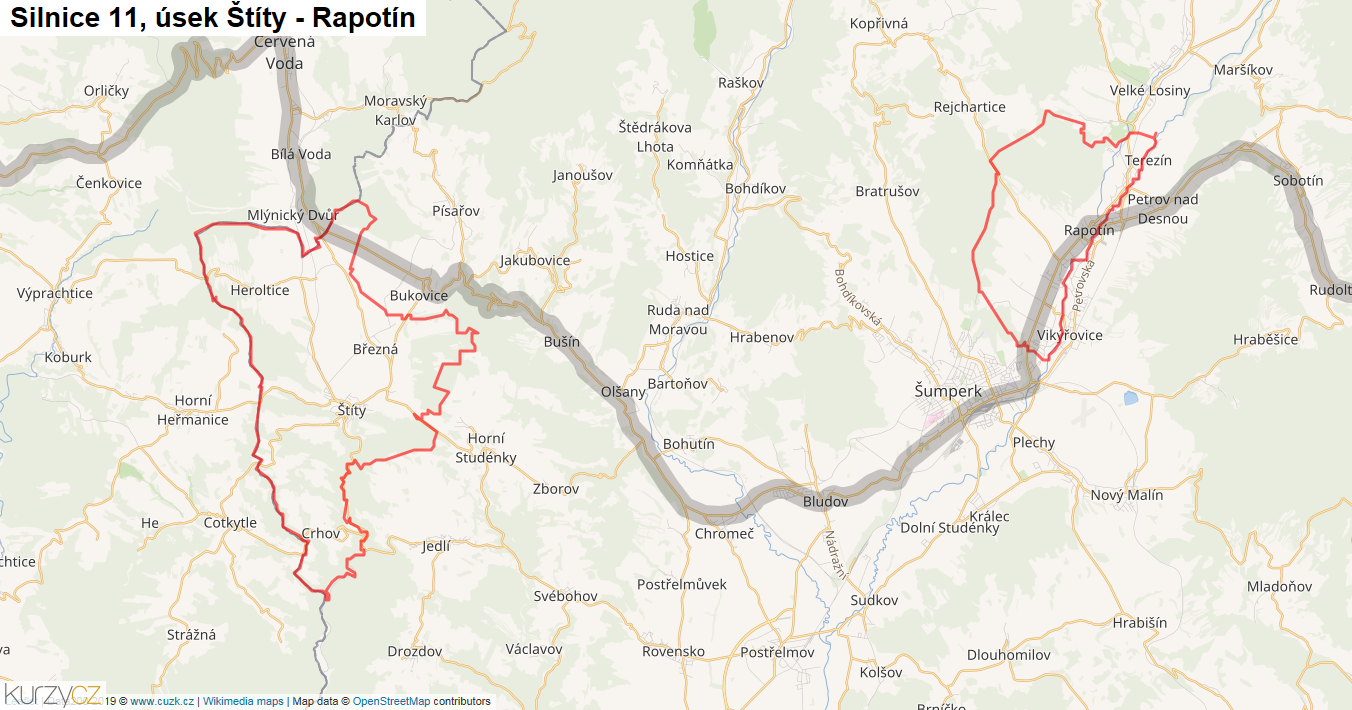 Úsek Štíty - Rapotín, Silnice 11 - Mapa