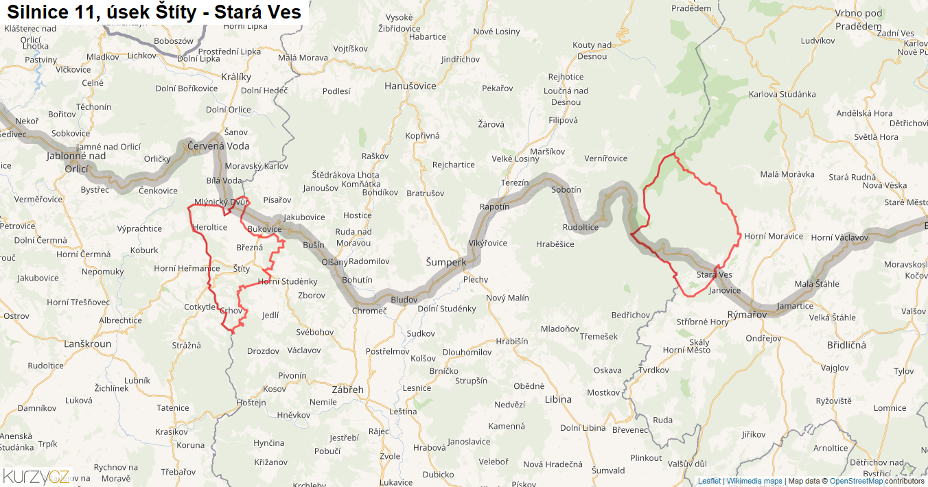 Úsek Štíty - Stará Ves, Silnice 11 - Mapa