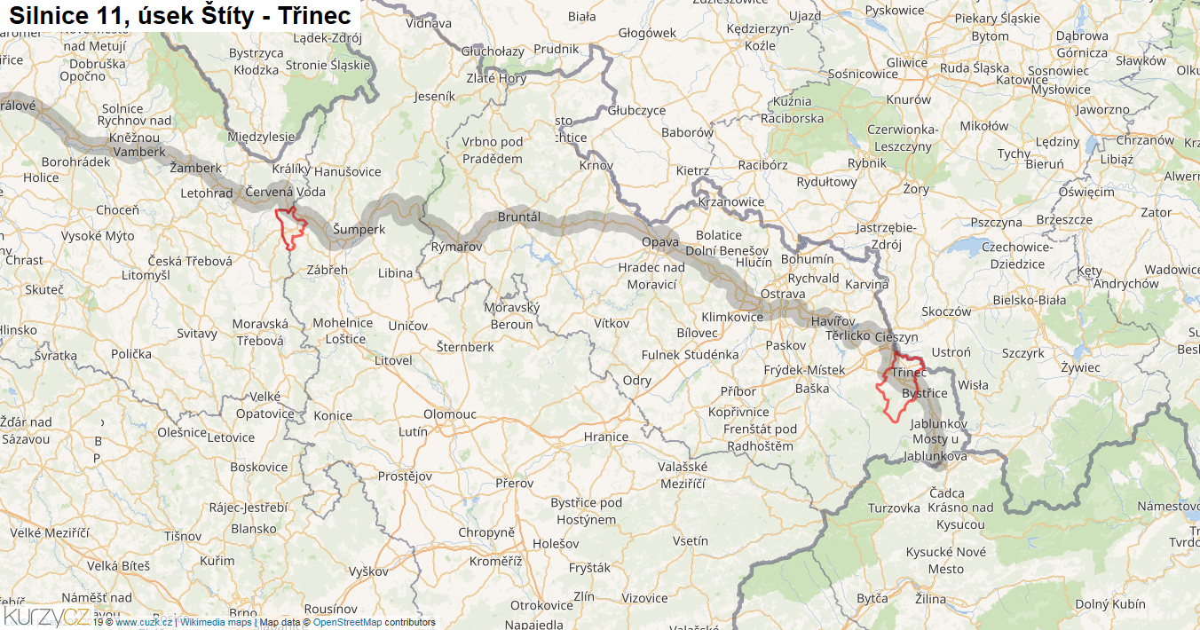 Úsek Štíty - Třinec, Silnice 11 - Mapa