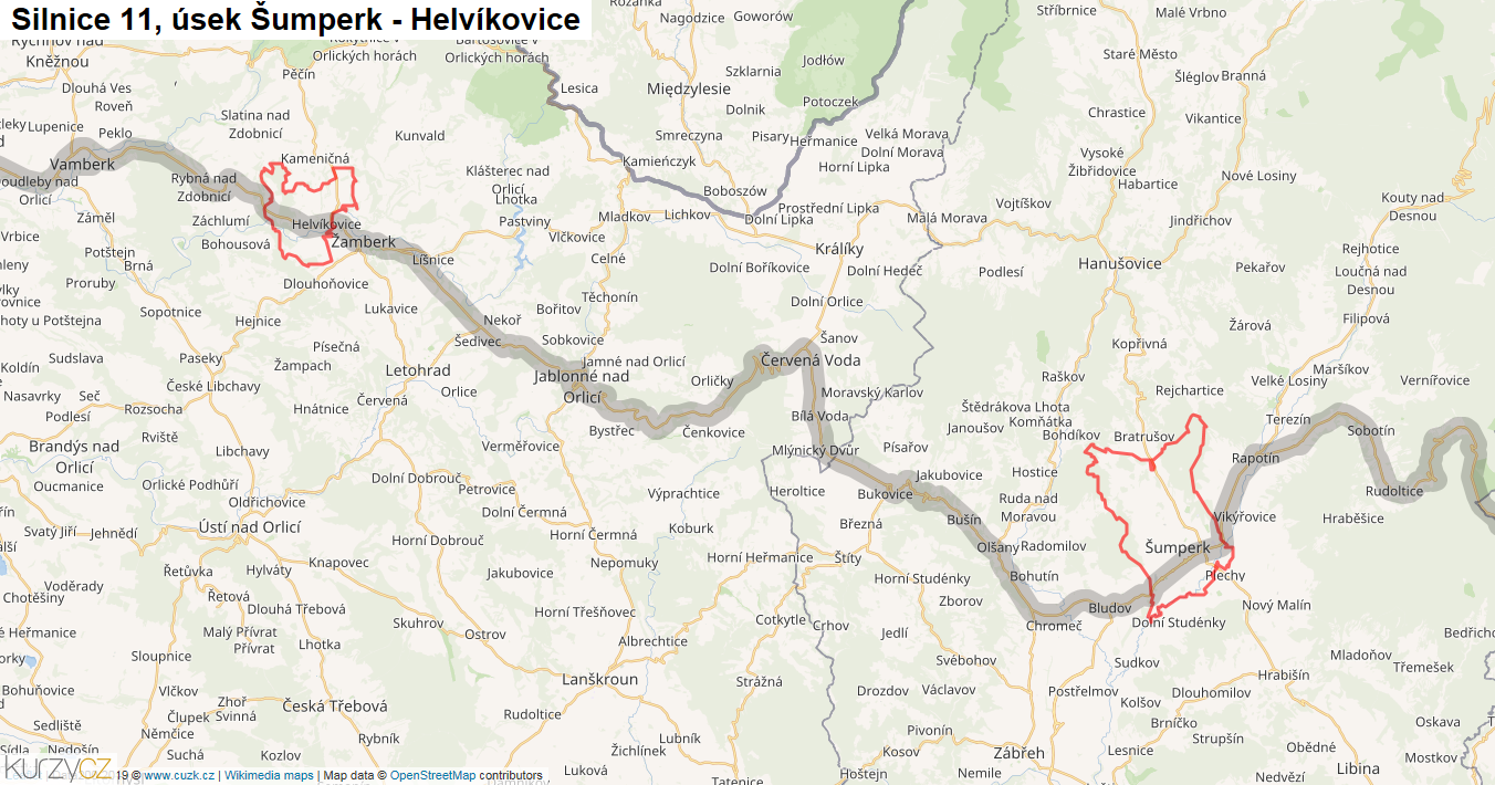Úsek Šumperk - Helvíkovice, Silnice 11 - Mapa