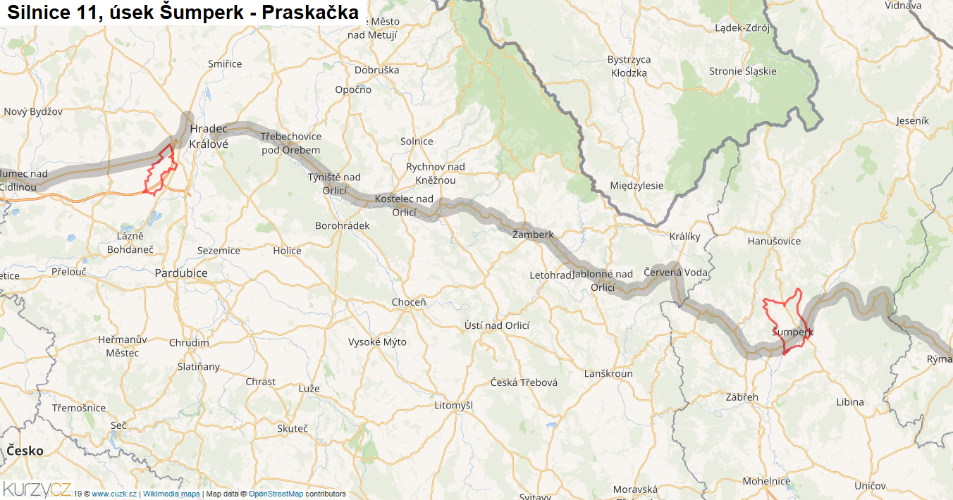 Úsek Šumperk - Praskačka, Silnice 11 - Mapa