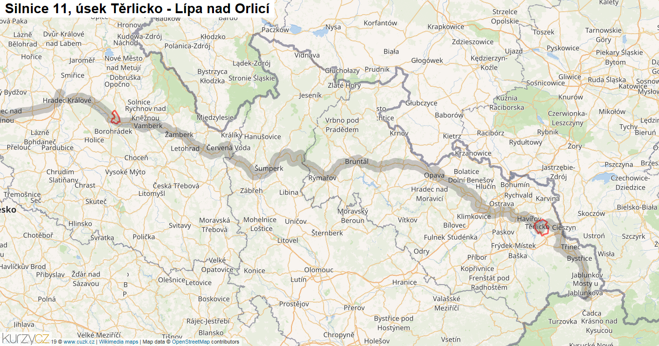 Úsek Těrlicko - Lípa nad Orlicí, Silnice 11 - Mapa