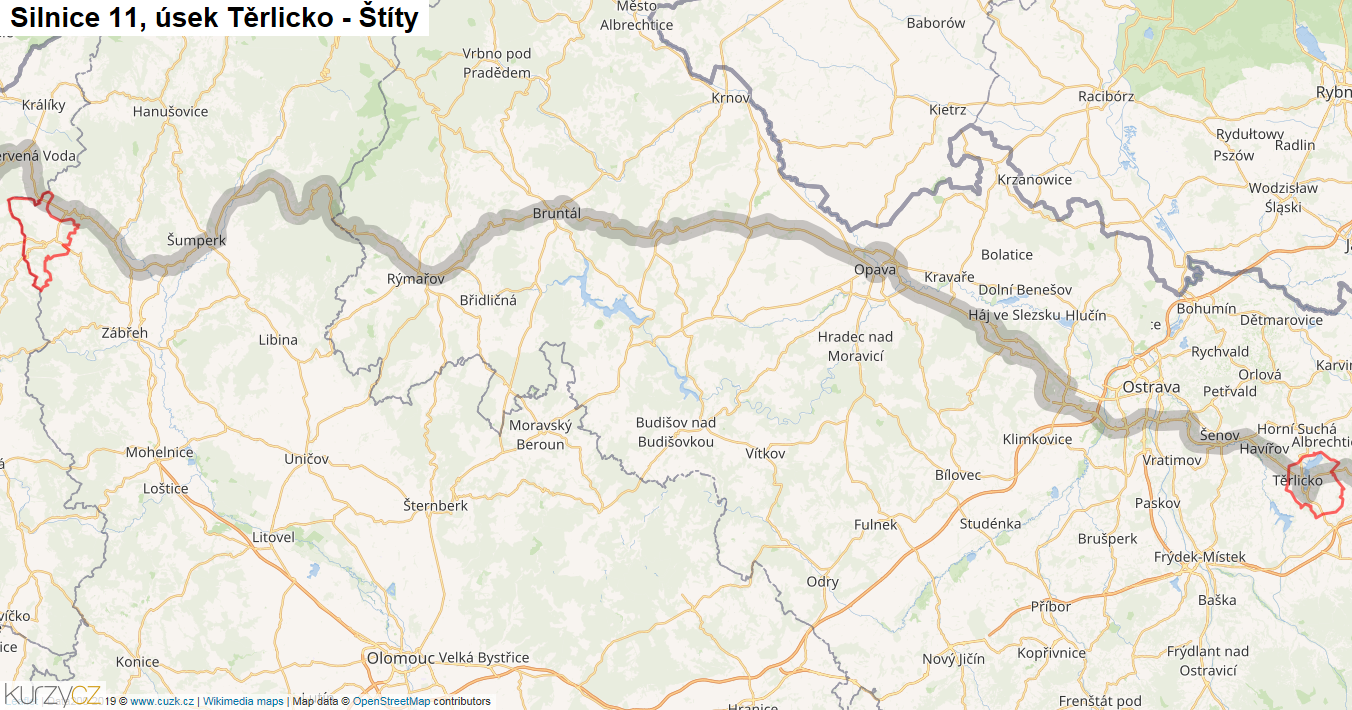 Úsek Těrlicko - Štíty, Silnice 11 - Mapa