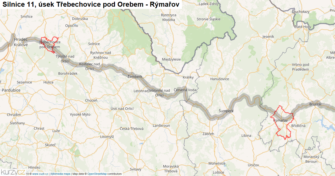 Úsek Třebechovice pod Orebem - Rýmařov, Silnice 11 - Mapa