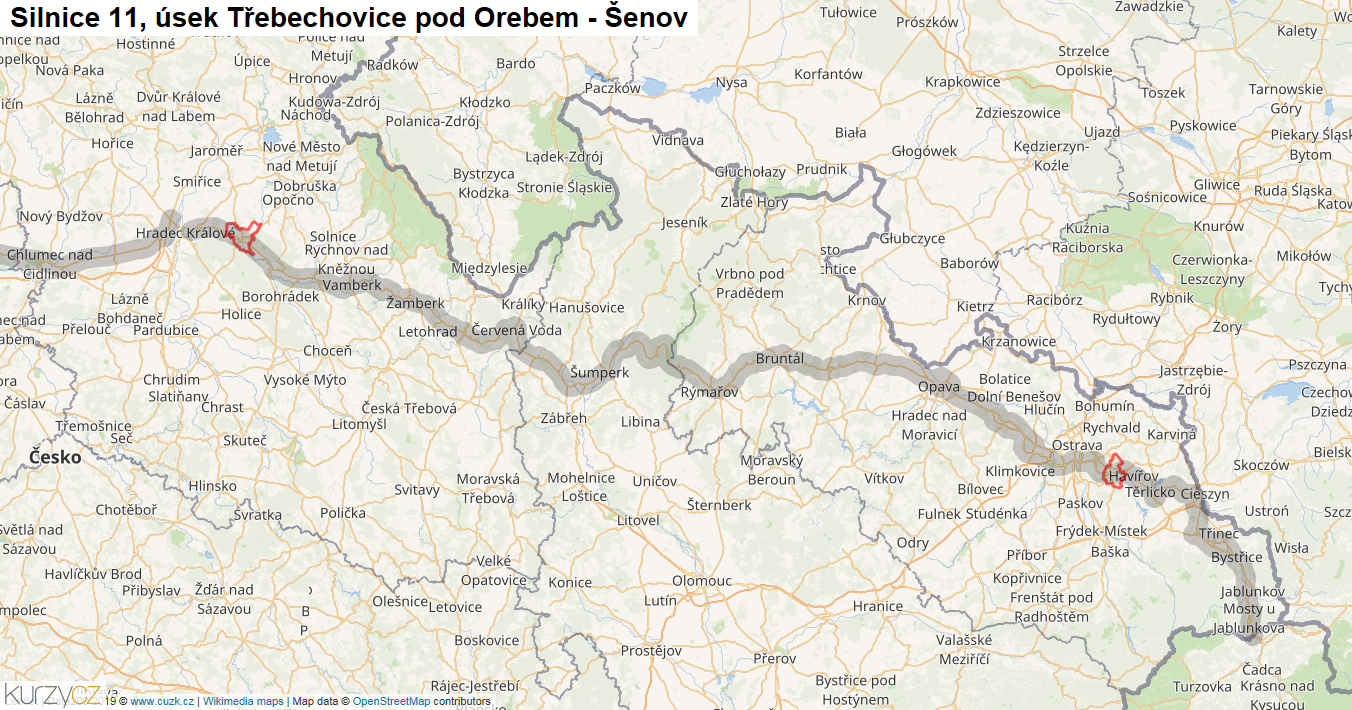 Úsek Třebechovice pod Orebem - Šenov, Silnice 11 - Mapa