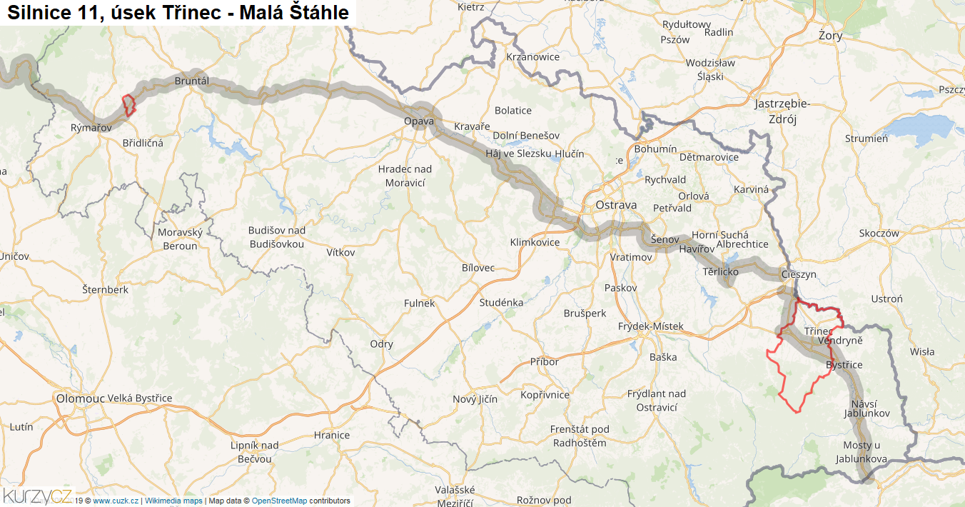 Úsek Třinec - Malá Štáhle, Silnice 11 - Mapa