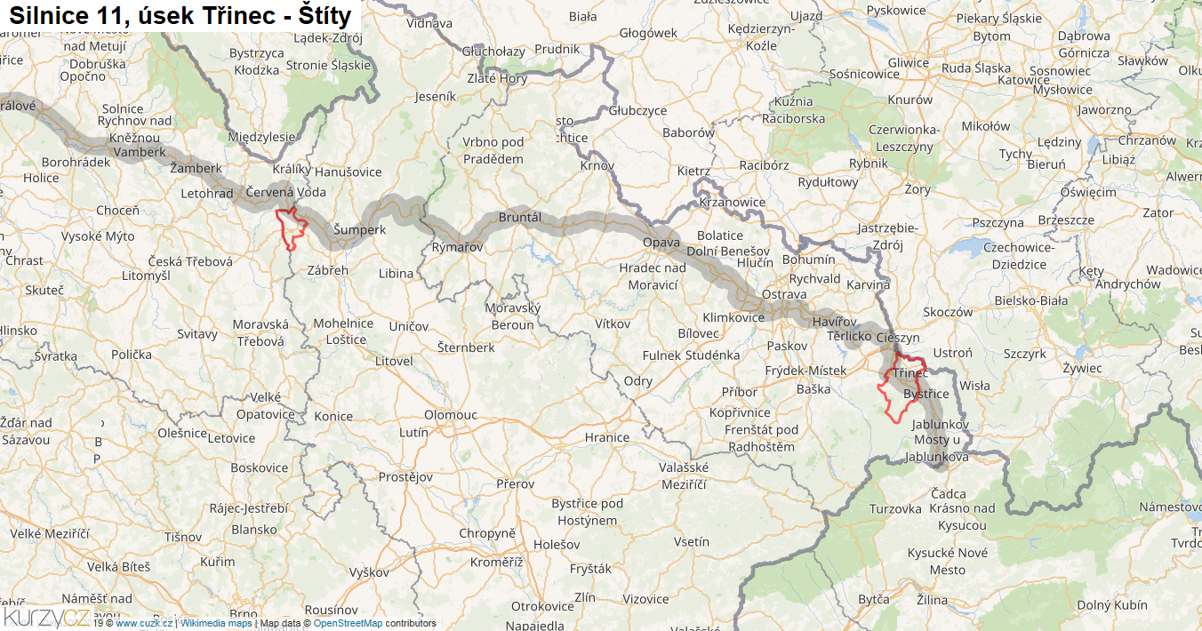 Úsek Třinec - Štíty, Silnice 11 - Mapa