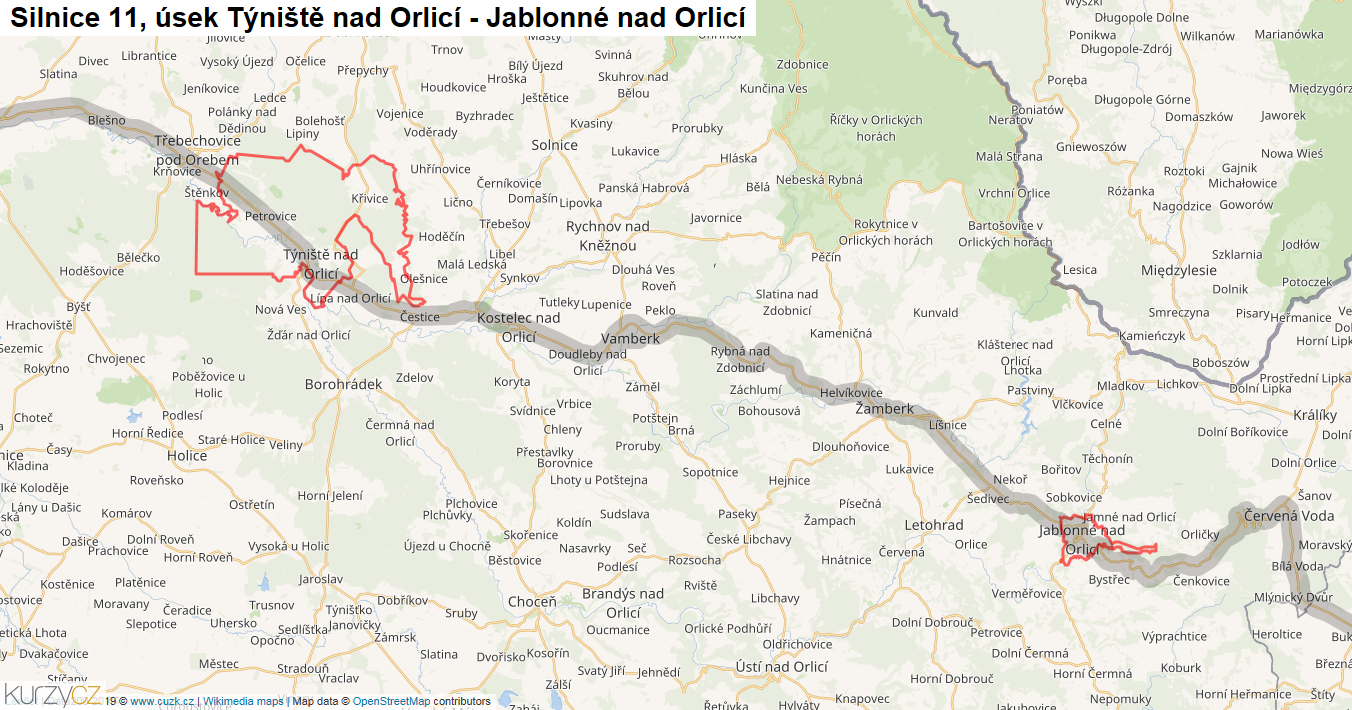 Úsek Týniště nad Orlicí - Jablonné nad Orlicí, Silnice 11 - Mapa