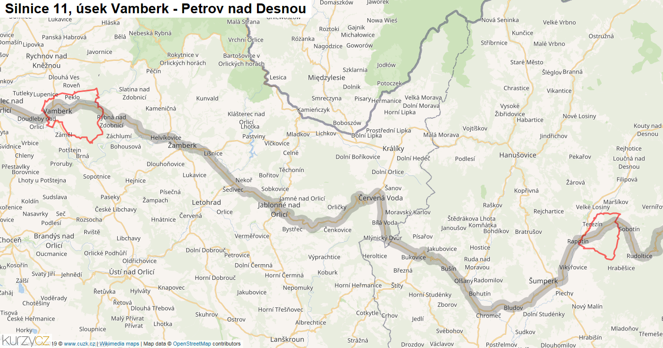 Úsek Vamberk - Petrov nad Desnou, Silnice 11 - Mapa