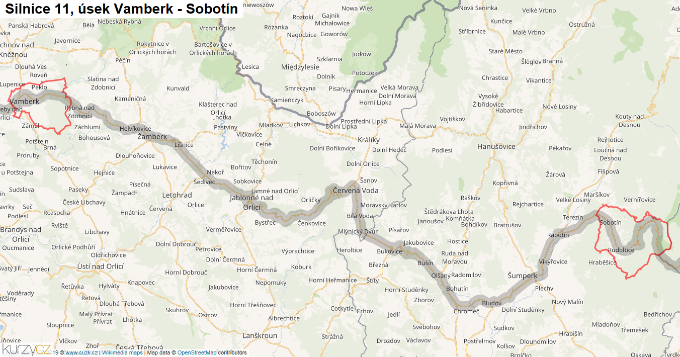 Úsek Vamberk - Sobotín, Silnice 11 - Mapa