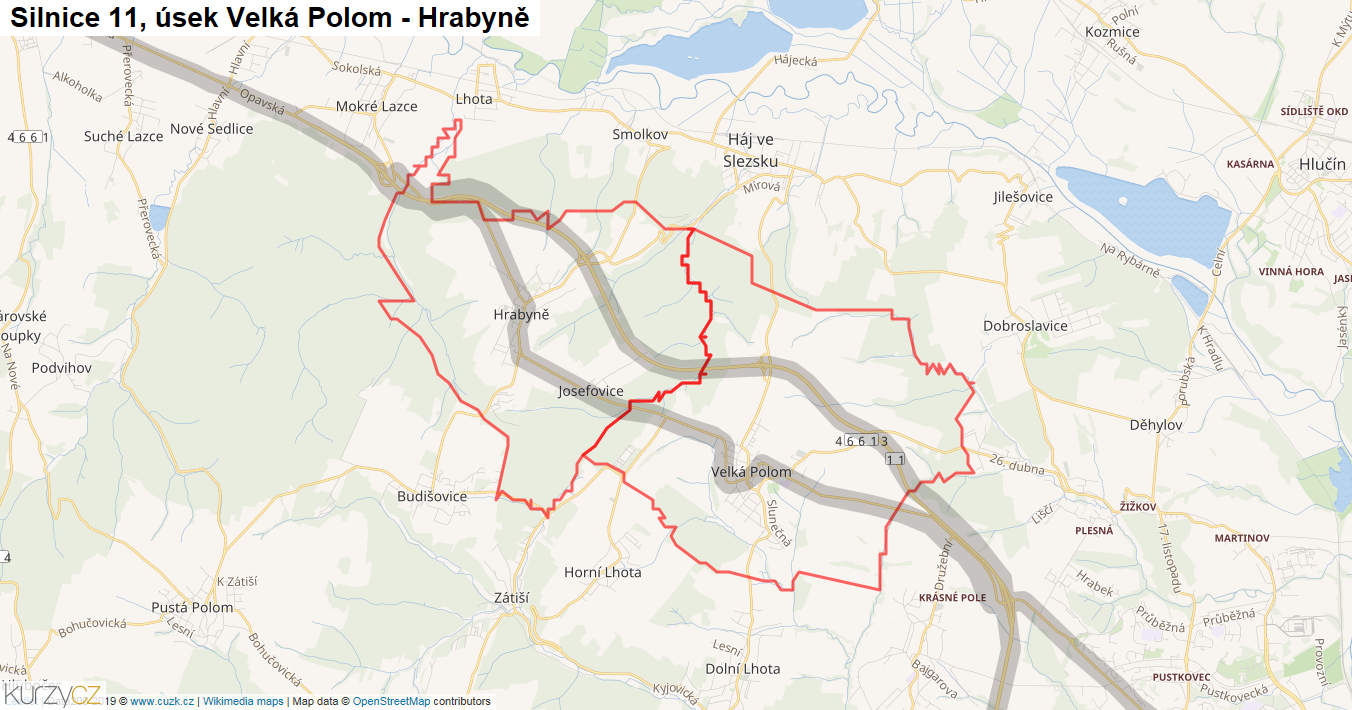 Úsek Velká Polom - Hrabyně, Silnice 11 - Mapa