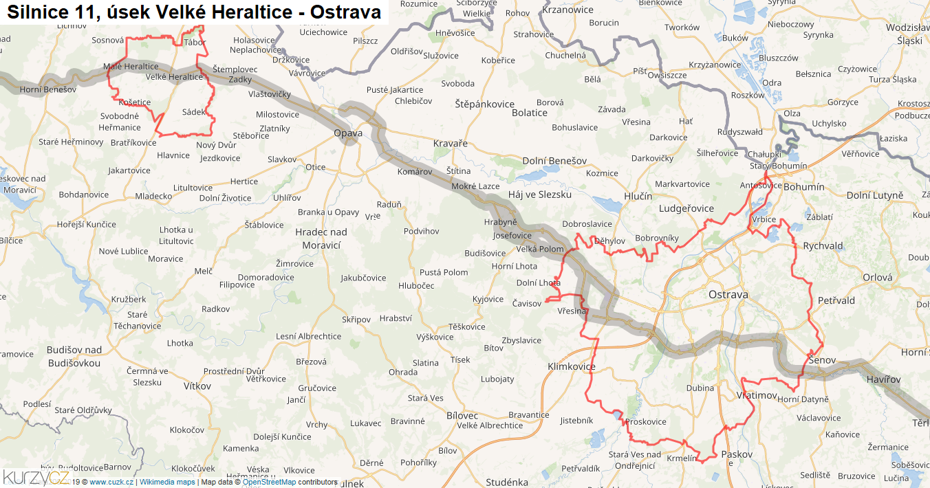 Úsek Velké Heraltice - Ostrava, Silnice 11 - Mapa