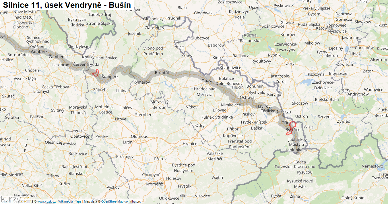 Úsek Vendryně - Bušín, Silnice 11 - Mapa