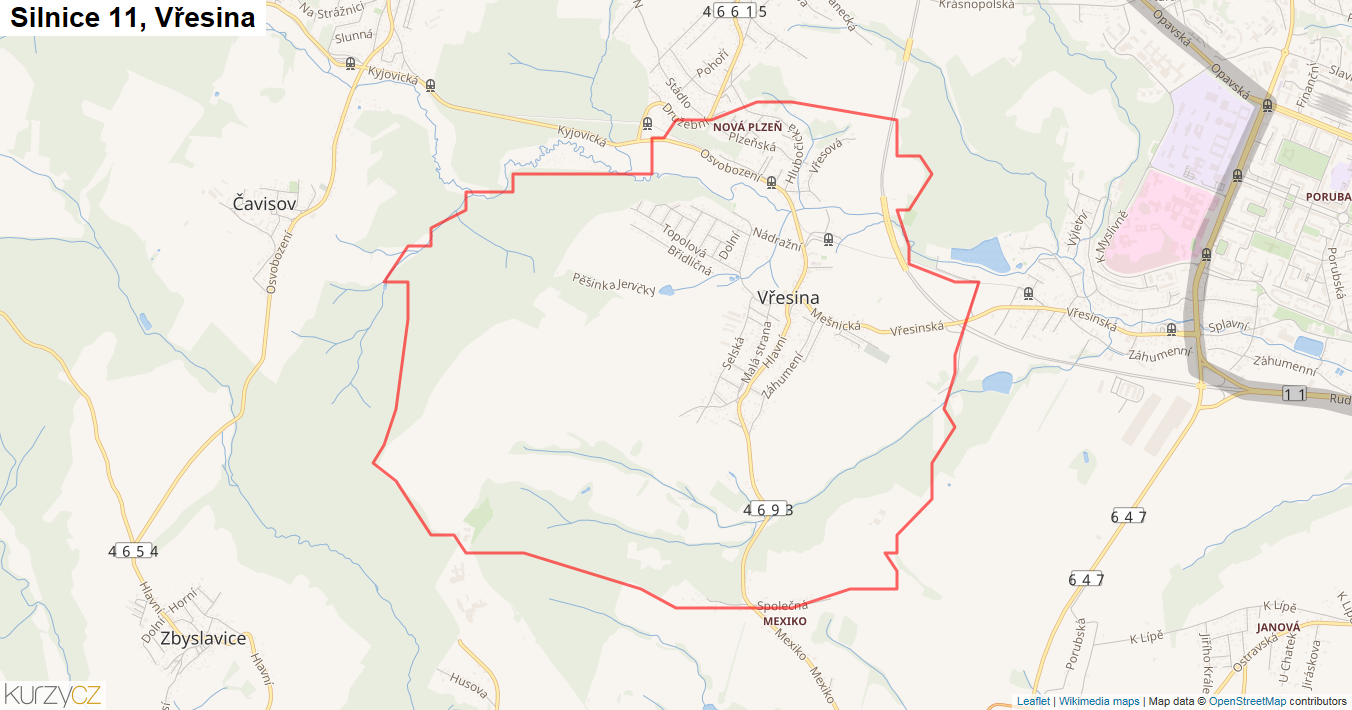 Vřesina, Silnice 11 - Mapa