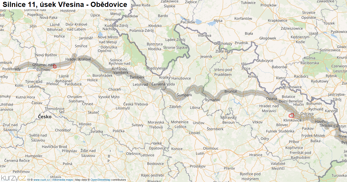Úsek Vřesina - Obědovice, Silnice 11 - Mapa