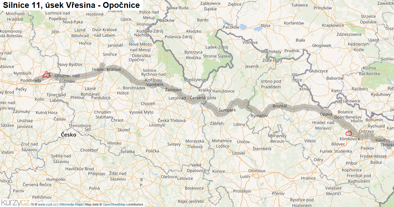 Úsek Vřesina - Opočnice, Silnice 11 - Mapa
