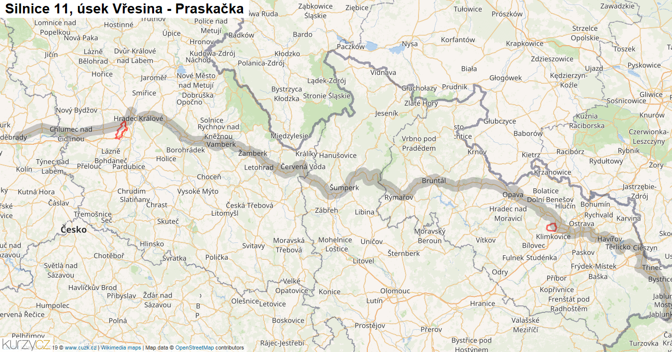 Úsek Vřesina - Praskačka, Silnice 11 - Mapa