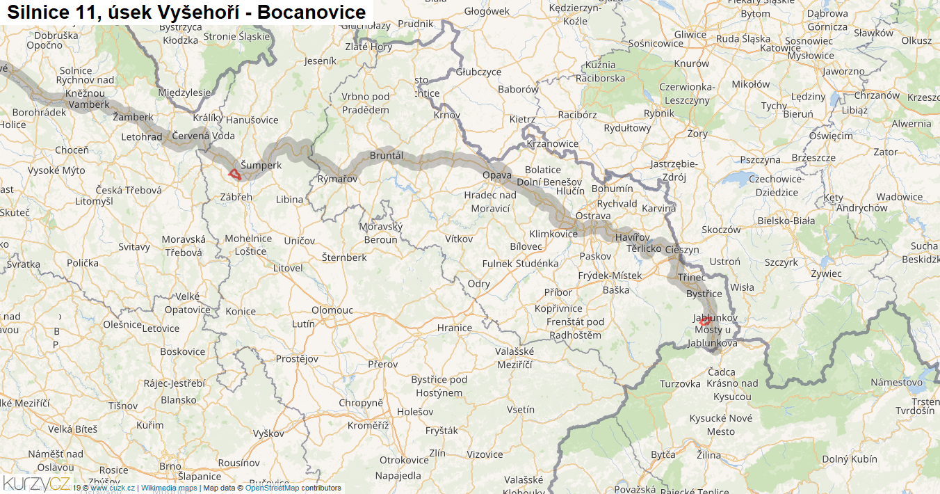 Úsek Vyšehoří - Bocanovice, Silnice 11 - Mapa