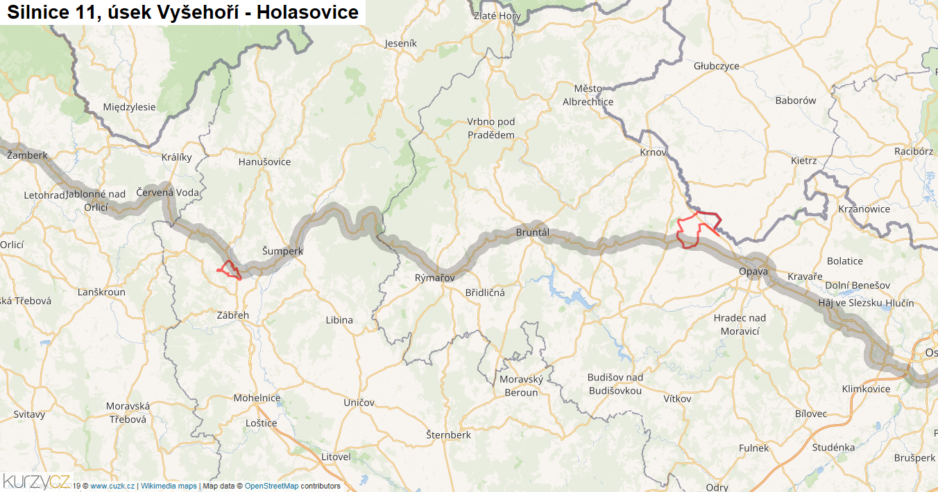 Úsek Vyšehoří - Holasovice, Silnice 11 - Mapa