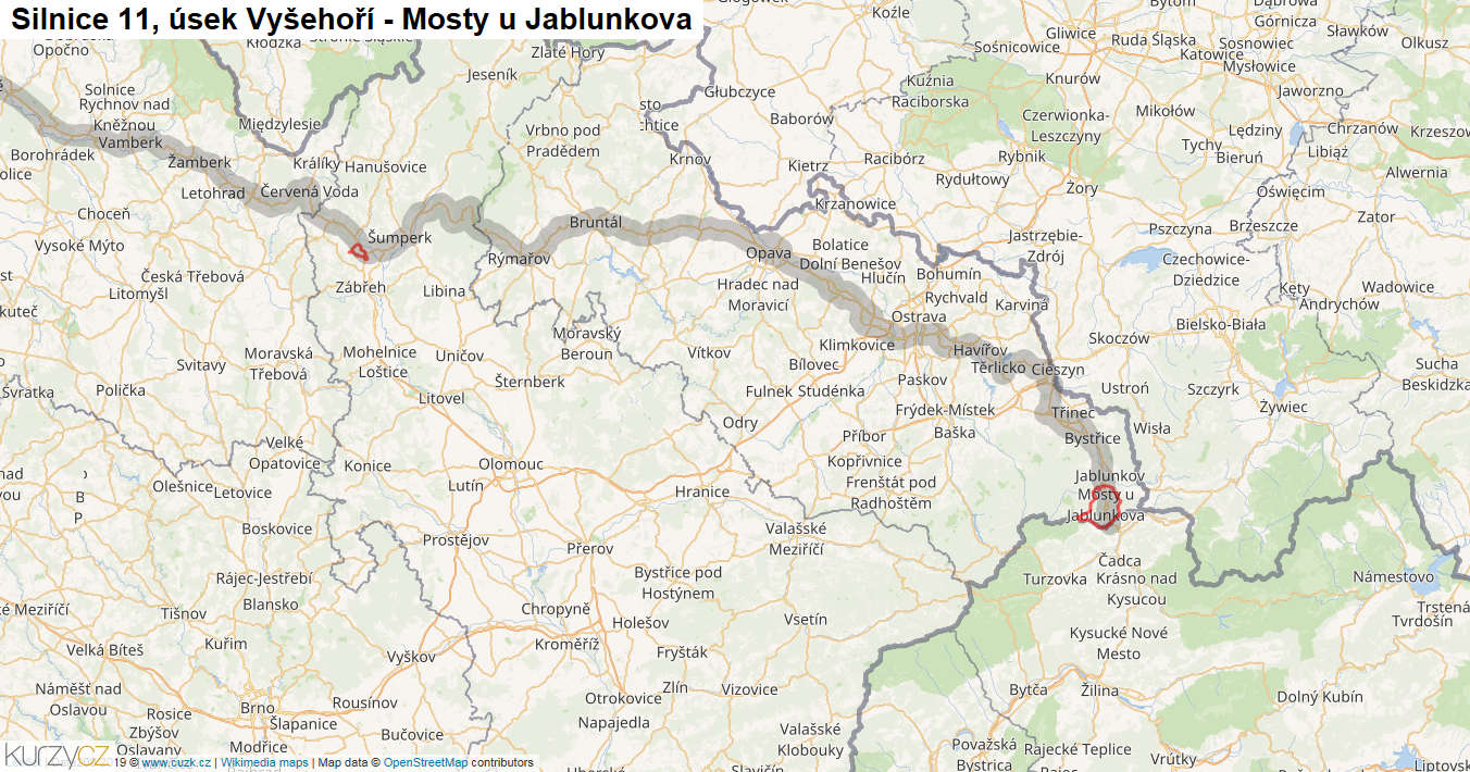 Úsek Vyšehoří - Mosty u Jablunkova, Silnice 11 - Mapa