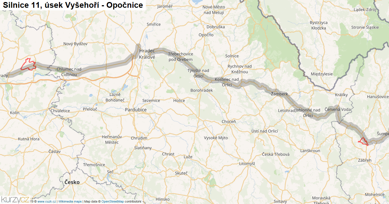 Úsek Vyšehoří - Opočnice, Silnice 11 - Mapa