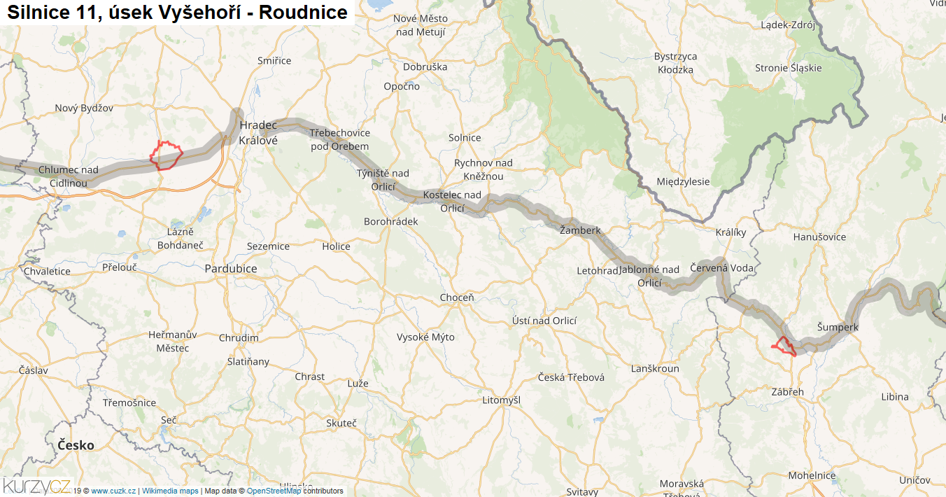 Úsek Vyšehoří - Roudnice, Silnice 11 - Mapa