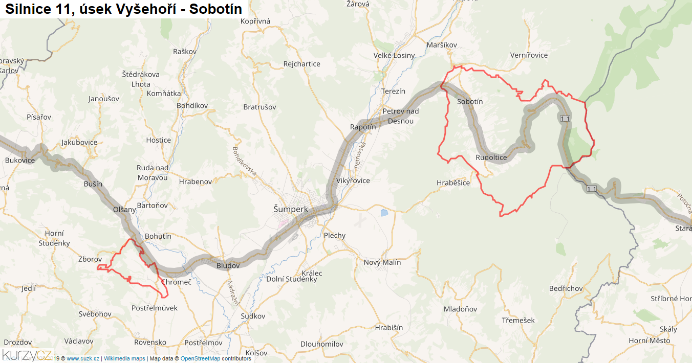 Úsek Vyšehoří - Sobotín, Silnice 11 - Mapa